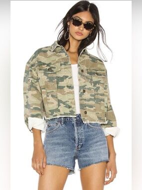 Free People Camo Cut Off Cropped Distressed Denim Jacket L